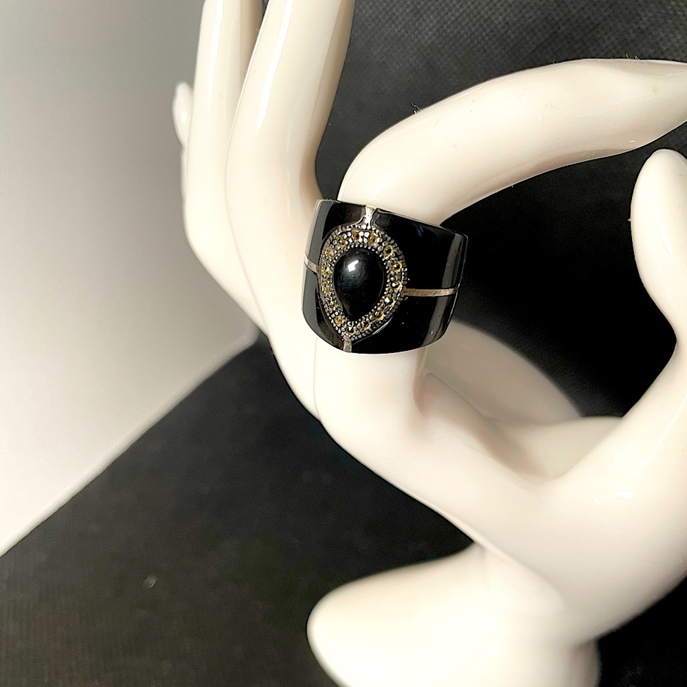 Vintage 1930s Onyx Marcasite Black Inlay Sterling Silver Ring, Sz 6-7